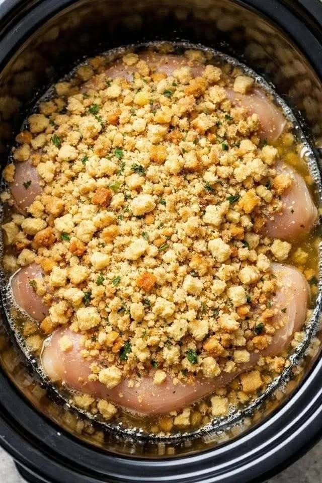 Slow Cooker Chicken with Stuffing served on a plate