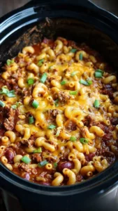 Delicious slow cooker chili mac and cheese dish served in a bowl