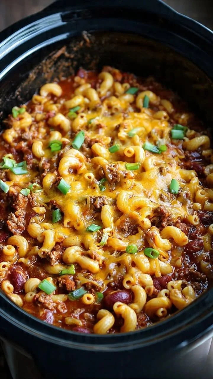 Delicious slow cooker chili mac and cheese dish served in a bowl