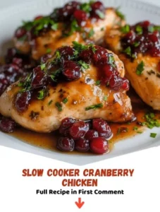 Delicious slow cooker cranberry chicken served with rice and vegetables