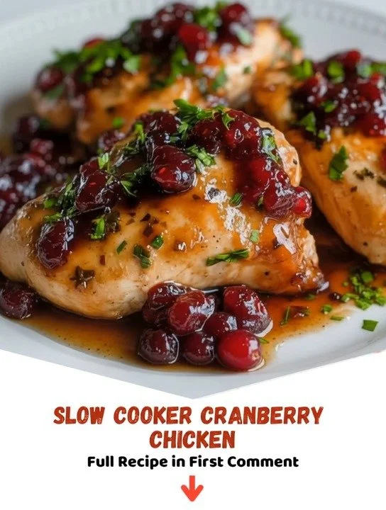 Delicious slow cooker cranberry chicken served with rice and vegetables