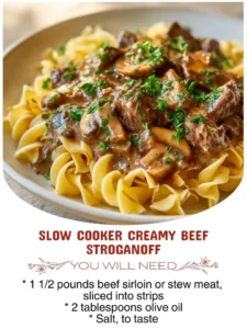 Slow cooker creamy beef stroganoff served in a bowl with mushrooms and noodles