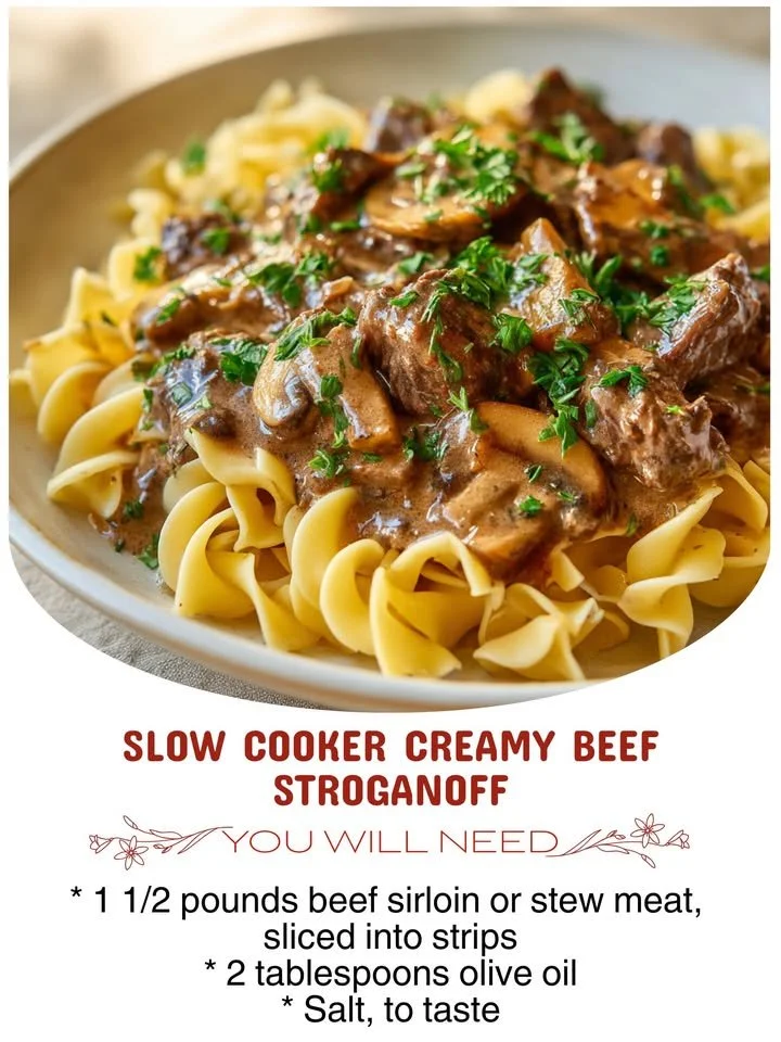 Slow cooker creamy beef stroganoff served in a bowl with mushrooms and noodles