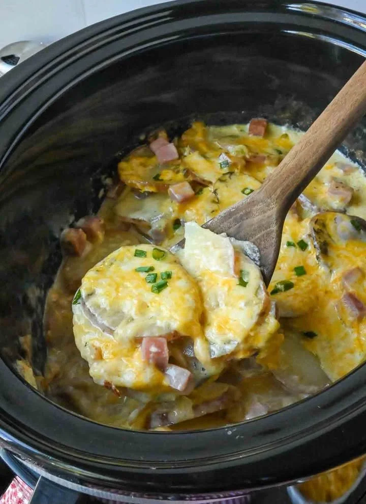 Delicious slow cooker creamy ham and potatoes served in a bowl