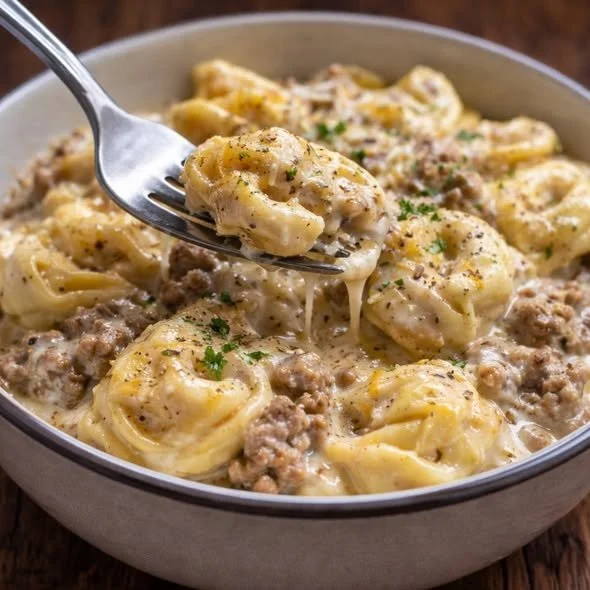 Slow cooker creamy ranch beef tortellini served in a bowl