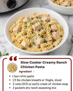Slow cooker creamy ranch chicken pasta garnished with herbs in a white bowl.