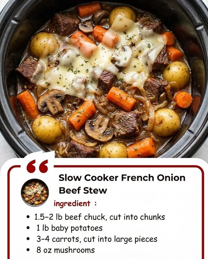 Delicious slow cooker French onion beef stew served in a bowl
