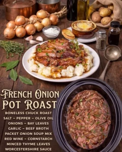 Delicious Slow Cooker French Onion Pot Roast served with caramelized onions