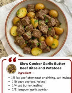 Slow cooker garlic butter beef bites served with potatoes
