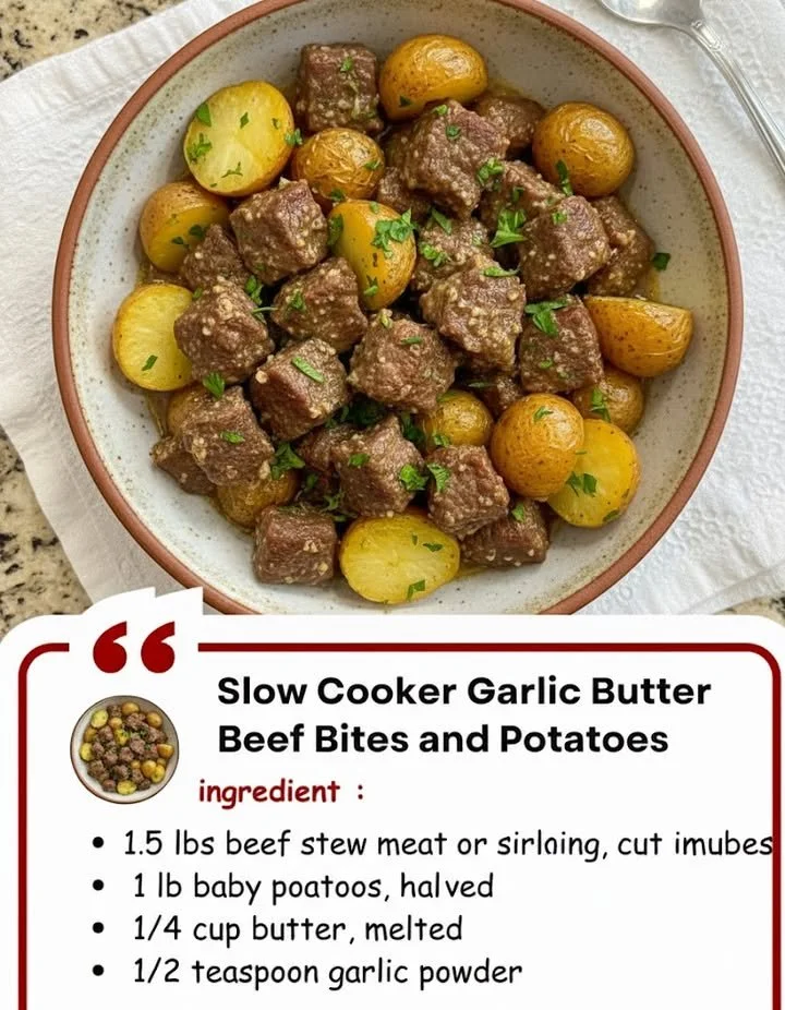 Slow cooker garlic butter beef bites served with potatoes