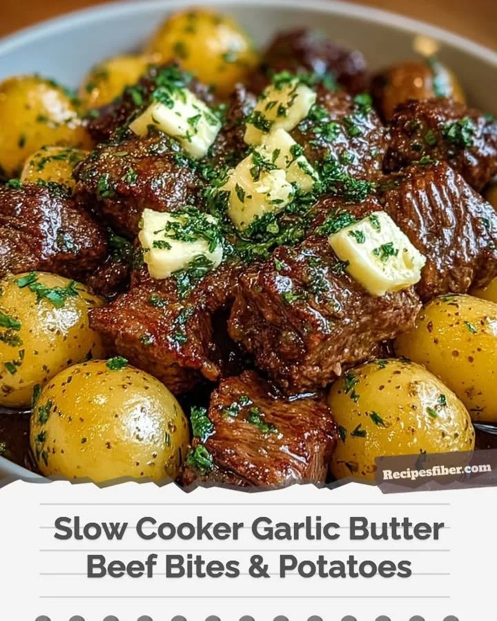 Slow cooker garlic butter beef bites and potatoes served in a rustic dish.