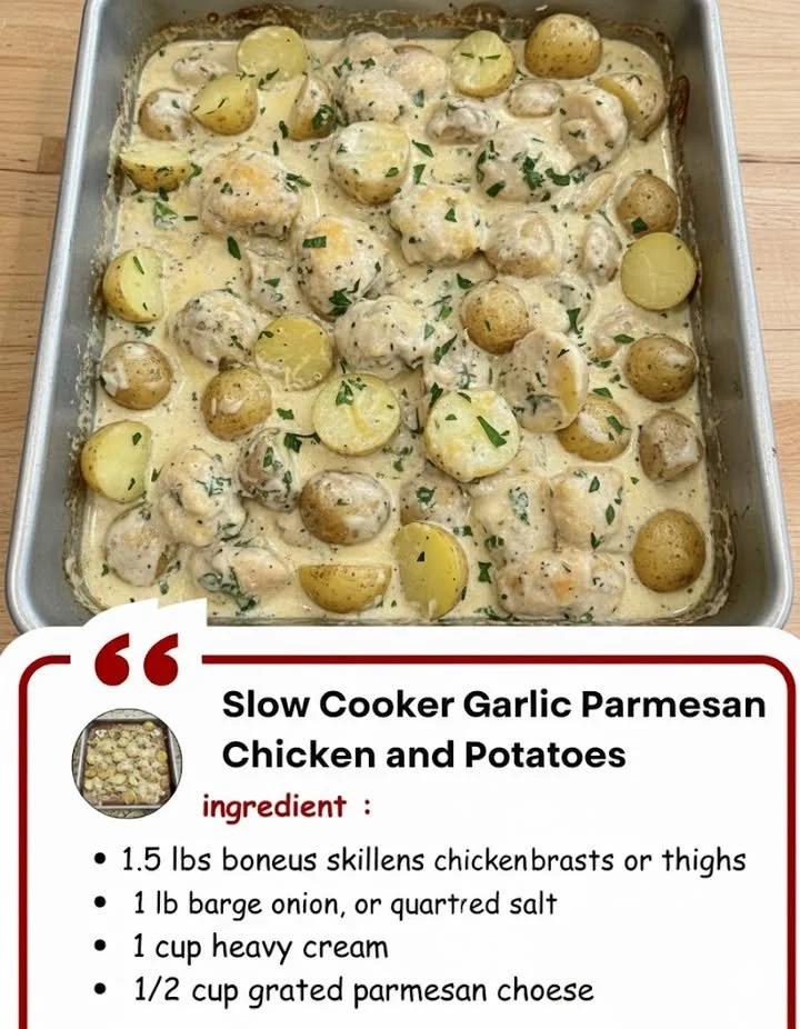 Slow Cooker Garlic Parmesan Chicken served with potatoes