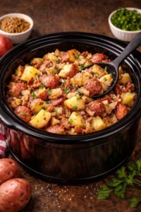 Delicious Slow Cooker German Potato Salad served in a bowl