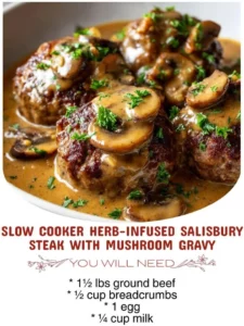 Slow Cooker Herb-Infused Salisbury Steak with Mushroom Gravy dish served on a plate.