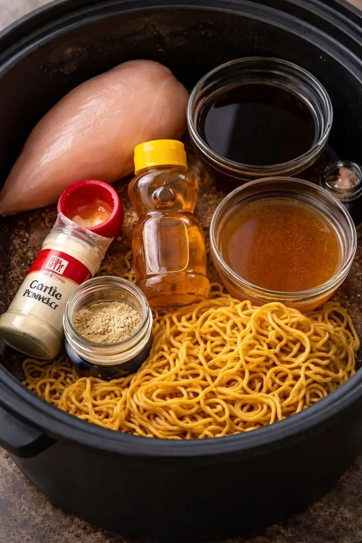 Slow Cooker Honey Garlic Chicken & Noodles