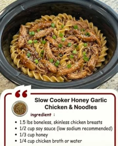 Slow Cooker Honey Garlic Chicken served with noodles in a bowl