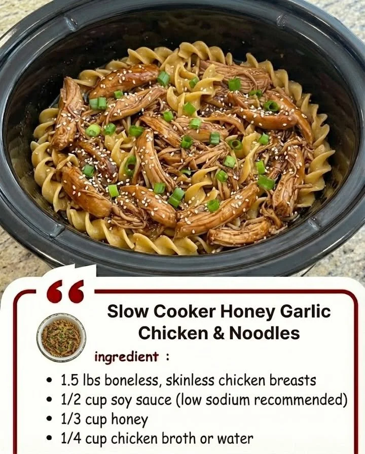 Slow Cooker Honey Garlic Chicken served with noodles in a bowl