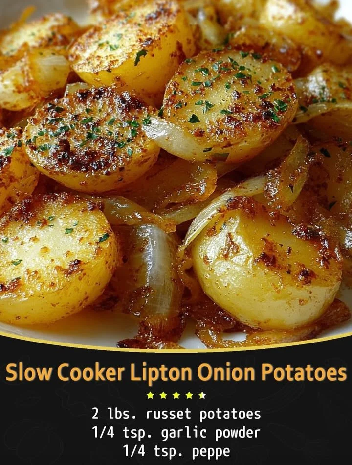 Slow Cooker Lipton Onion Potatoes in a bowl, garnished and ready to serve.