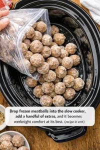 Delicious slow cooker meatballs served in a rich sauce with herbs.