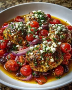 Plate of Slow Cooker Mediterranean Chicken with olives, tomatoes, and feta cheese