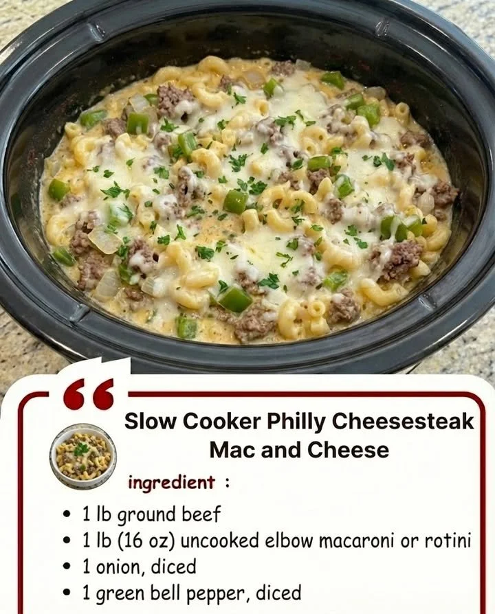 Slow cooker Philly cheesesteak mac and cheese in a bowl with toppings