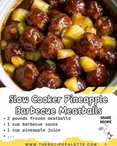 Slow cooker pineapple barbecue meatballs served on a platter.
