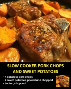 Slow cooker pork chops served with sweet potatoes in a delicious meal