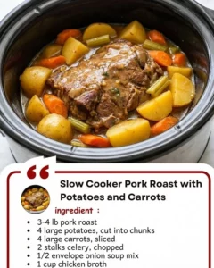 Delicious slow cooker pork roast served with potatoes and carrots