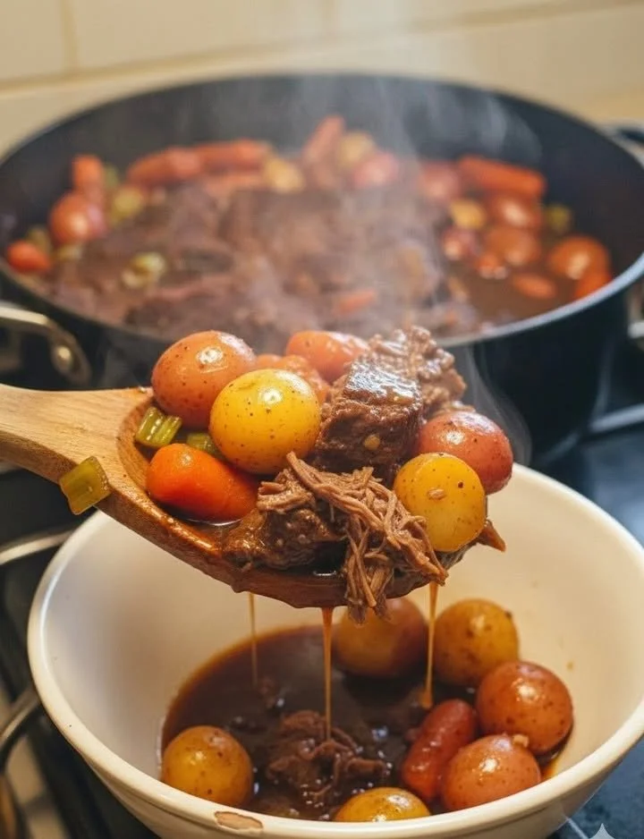Delicious slow cooker pot roast served with vegetables and gravy.