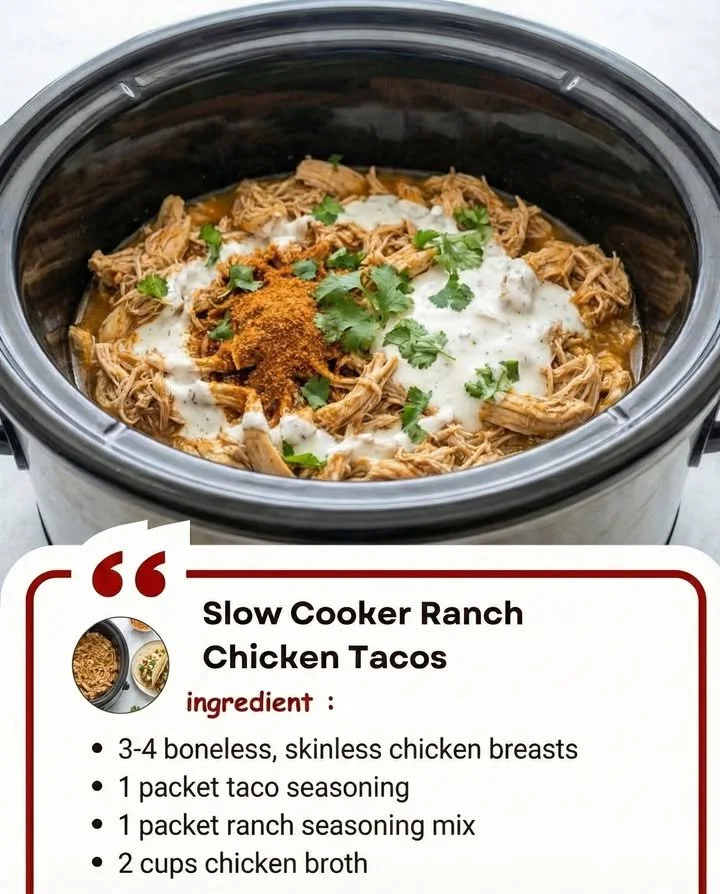 Slow cooker ranch chicken tacos served in a warm tortilla with toppings