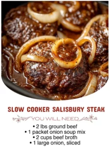 Slow Cooker Salisbury Steak served with creamy gravy and mashed potatoes