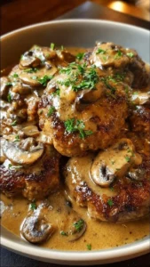 Slow Cooker Salisbury Steaks served with rich mushroom gravy
