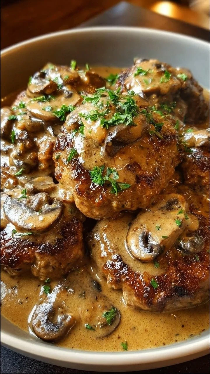 Slow Cooker Salisbury Steaks served with rich mushroom gravy