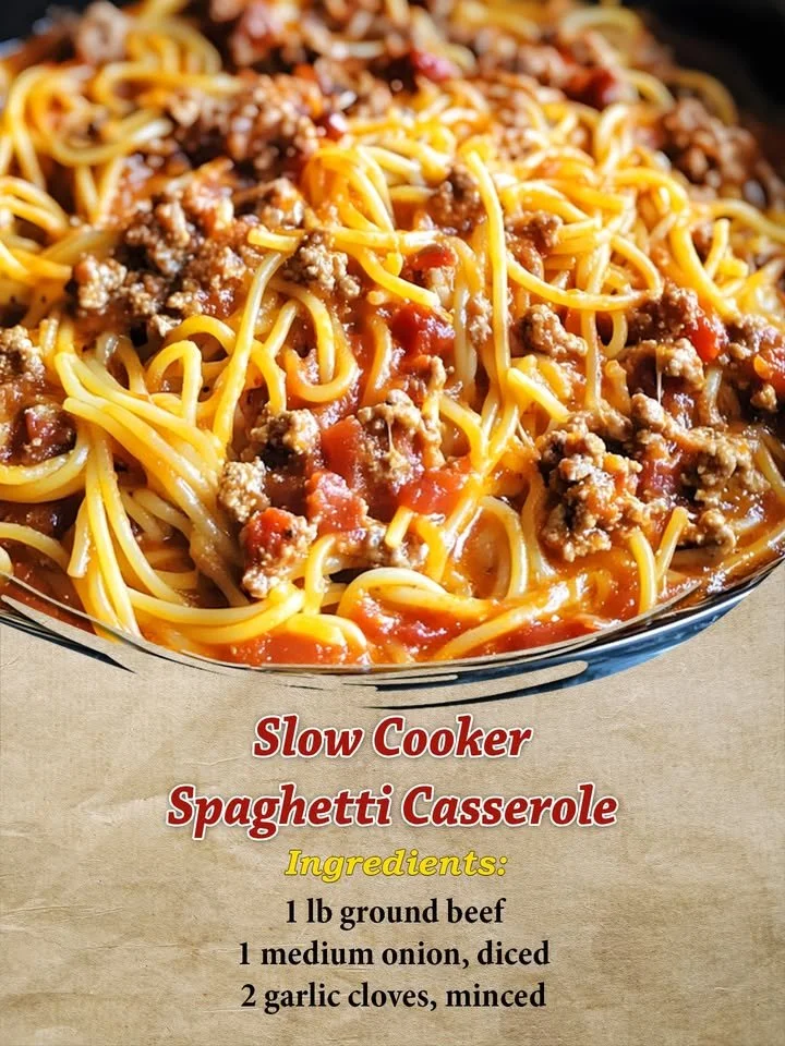 Delicious slow cooker spaghetti casserole dish ready to serve