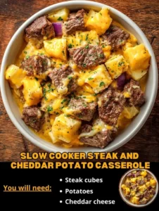 Delicious slow cooker steak and cheddar potato casserole served in a bowl