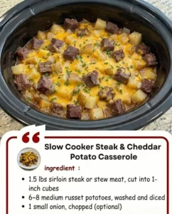 Slow cooker steak and cheddar potato casserole, hearty and flavorful dish