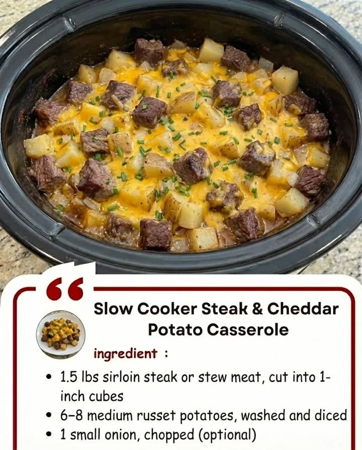 Slow cooker steak and cheddar potato casserole in a serving dish