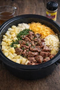 Delicious Slow Cooker Steak and Potato Ranch Bake ready to serve