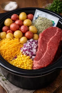 Slow cooker steak and potato ranch bake served in a rustic dish.