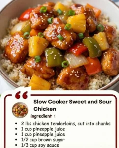 Delicious Slow Cooker Sweet and Sour Chicken served with rice and vegetables