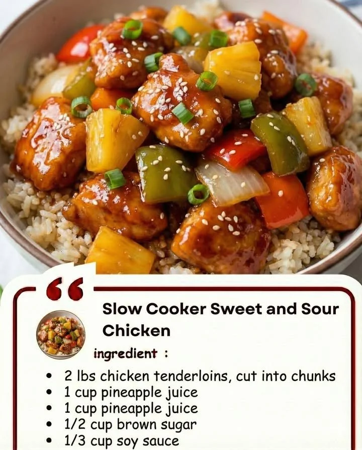 Delicious Slow Cooker Sweet and Sour Chicken served with rice and vegetables