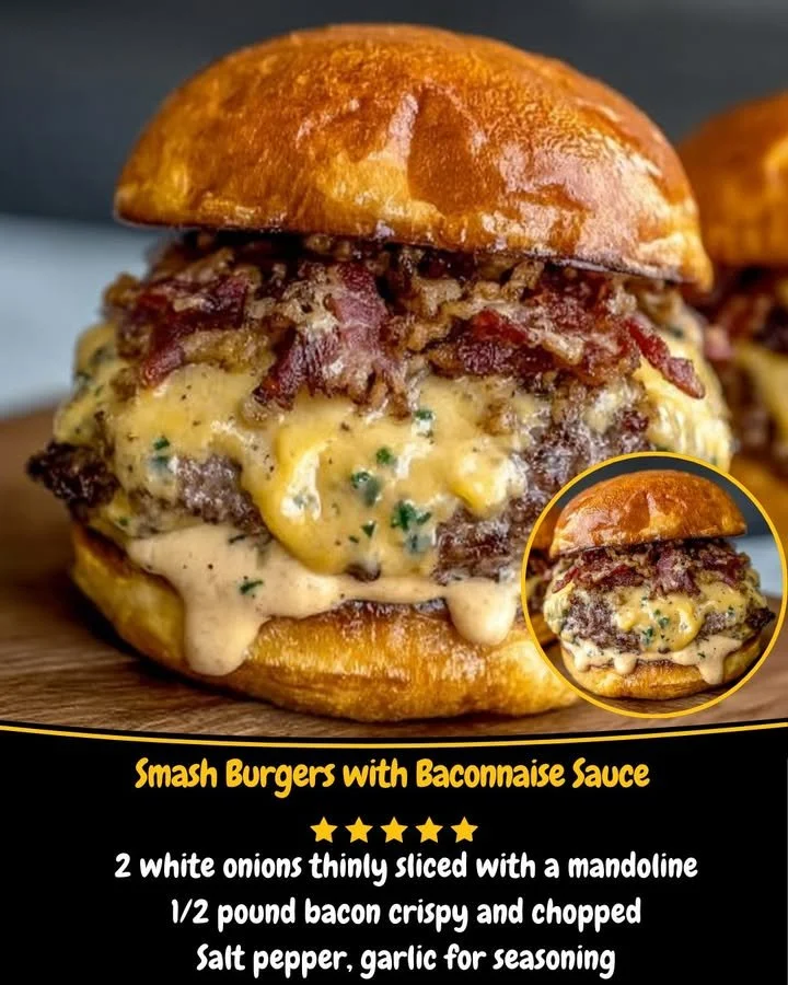 Delicious smash burgers topped with baconnaise sauce on a rustic wooden table.