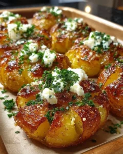 Smashed crispy feta potatoes with garlic butter drizzle on a plate
