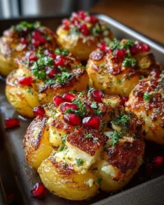 Smashed Halloumi potatoes with garlic butter and pomegranate garnish