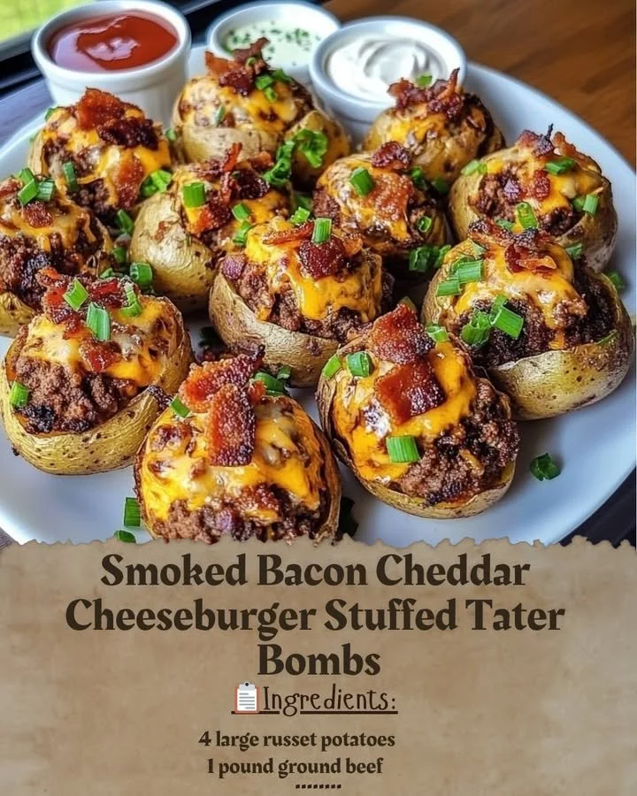 Smoked Bacon Cheddar Cheeseburger Stuffed Tater Bombs on a platter