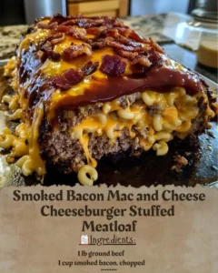 Smoked Bacon Mac and Cheese Cheeseburger Stuffed Meatloaf on a serving plate