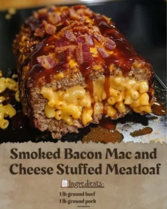 Smoked Bacon Mac and Cheese Stuffed Meatloaf served on a plate