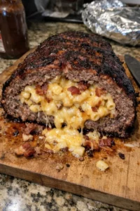 Smoked Bacon Mac and Cheese Stuffed Meatloaf on a serving platter