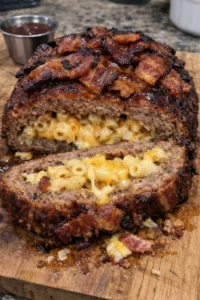 Smoked Bacon Mac and Cheese Stuffed Meatloaf topped with crispy bacon