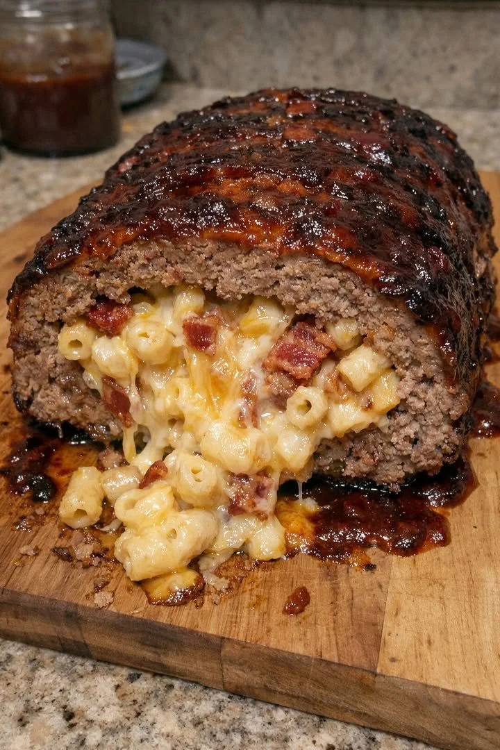 Smoked Bacon Mac and Cheese Stuffed Meatloaf served on a plate